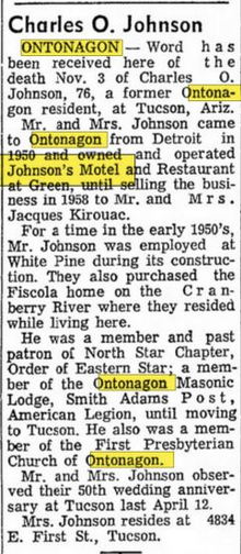 Superior Shores Resort (Johnsons Motel & Resort) - Nov 1969 Article (newer photo)
